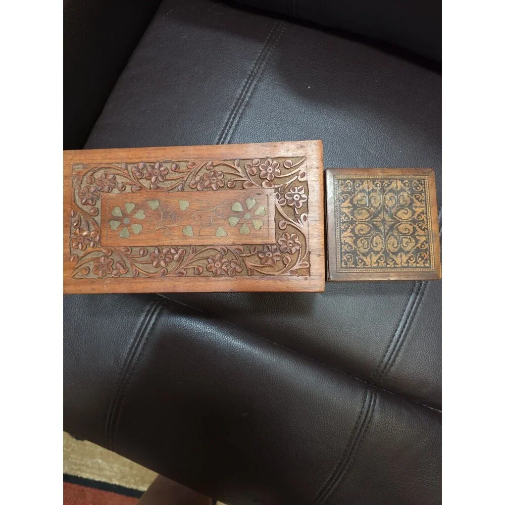 HANDMADE CARVED WOOD BOXS JEWELRY TRINKET STORAGE HOME DECOR